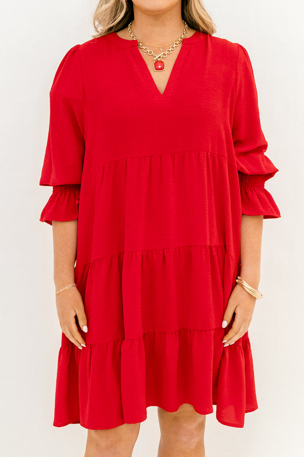 Chic Soul plus size clothing, bright red long cuffed sleeve tiered baby doll dress with v-neckline cutout 