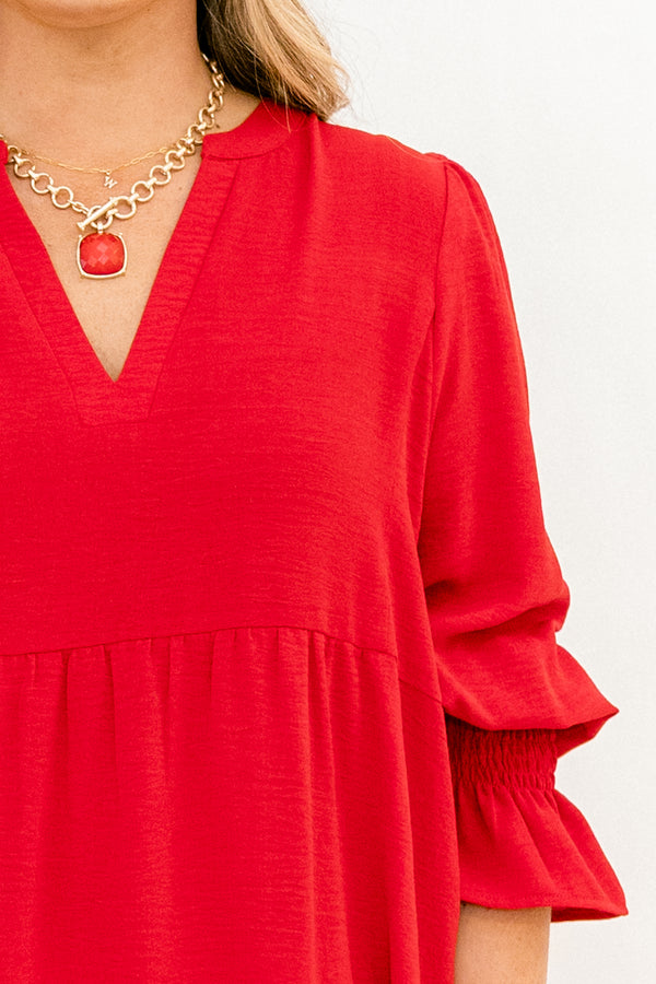 Chic Soul plus size clothing, bright red long cuffed sleeve tiered baby doll dress with v-neckline cutout 