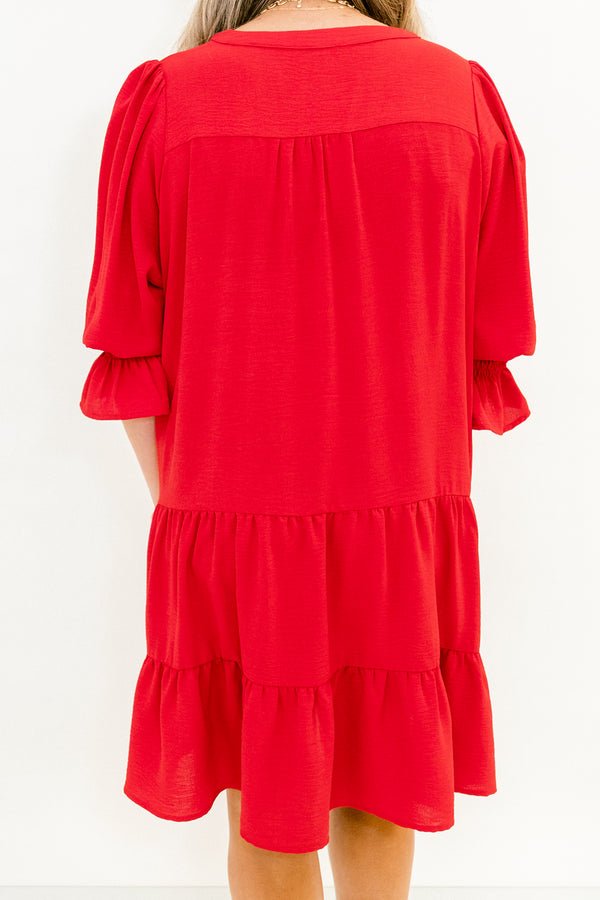 Chic Soul plus size clothing, bright red long cuffed sleeve tiered baby doll dress with v-neckline cutout 