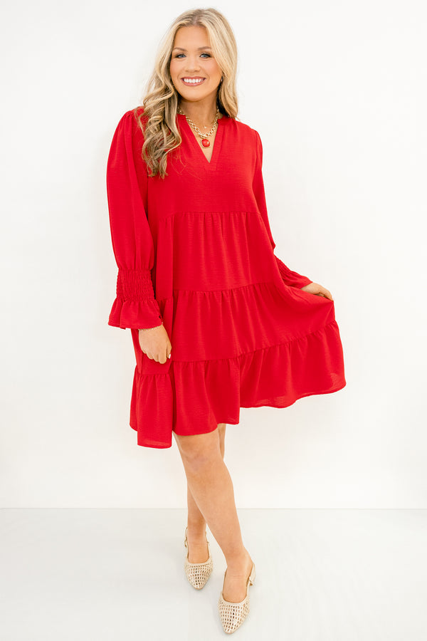 Chic Soul plus size clothing, bright red long cuffed sleeve tiered baby doll dress with v-neckline cutout 