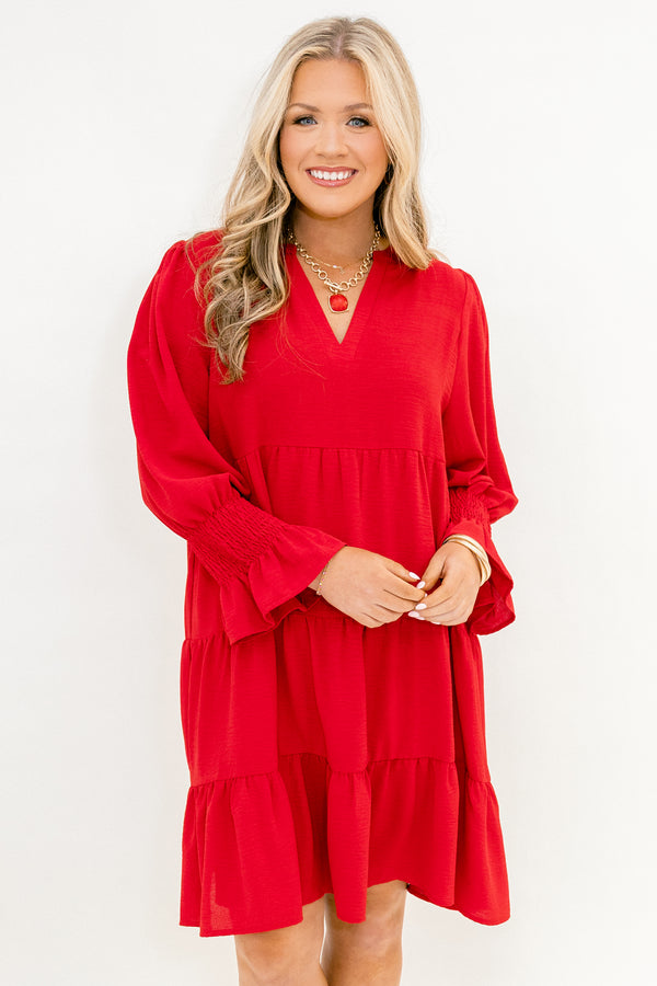 Chic Soul plus size clothing, bright red long cuffed sleeve tiered baby doll dress with v-neckline cutout 