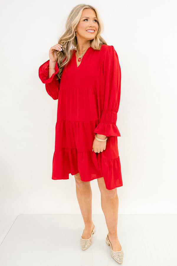 Chic Soul plus size clothing, bright red long cuffed sleeve tiered baby doll dress with v-neckline cutout 