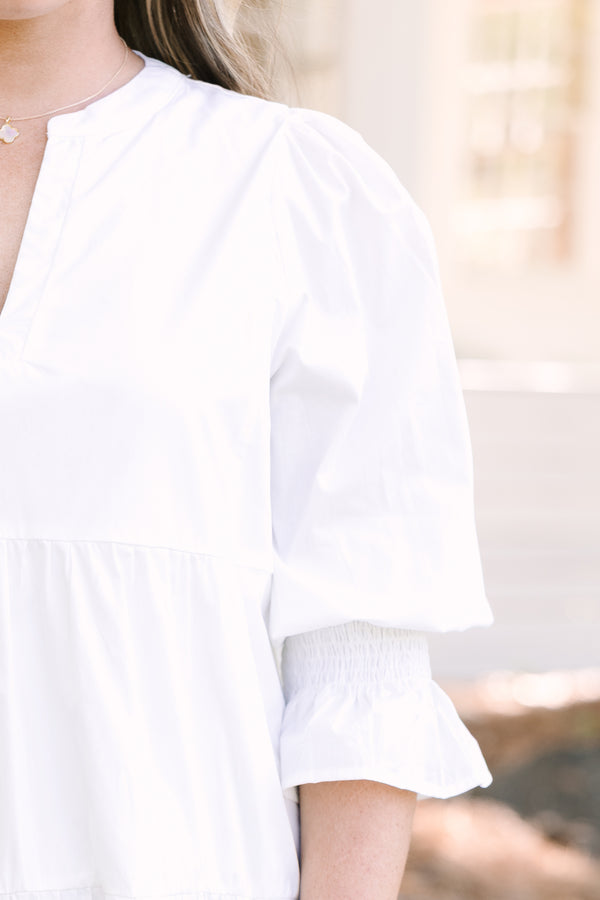 Chic soul plus size clothing, white ¾ puff sleeve tiered baby doll dress with v neck cutout 
