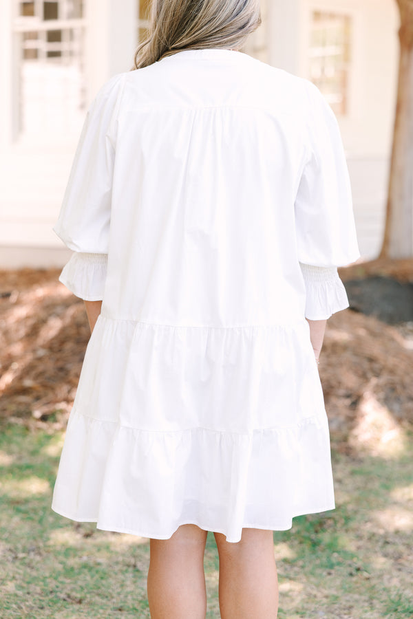 Chic soul plus size clothing, white ¾ puff sleeve tiered baby doll dress with v neck cutout 
