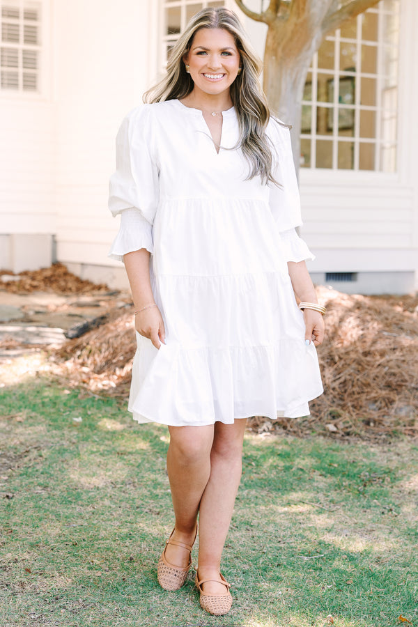 Chic soul plus size clothing, white ¾ puff sleeve tiered baby doll dress with v neck cutout 
