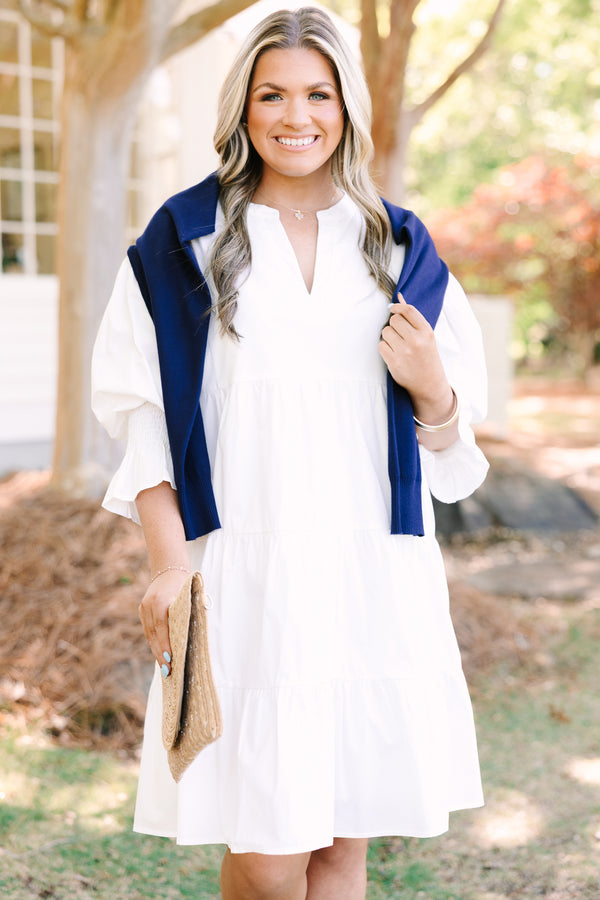 Chic soul plus size clothing, white ¾ puff sleeve tiered baby doll dress with v neck cutout 
