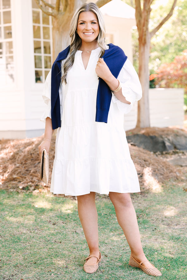 Chic soul plus size clothing, white ¾ puff sleeve tiered baby doll dress with v neck cutout 
