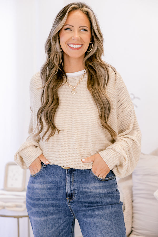 Chic Soul plus size clothing, light tan knit long sleeve top