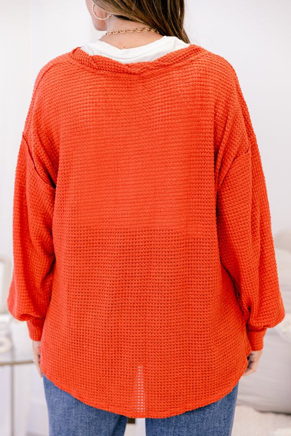 Chic Soul plus size clothing, rust knit long sleeve top with bubble sleeves
