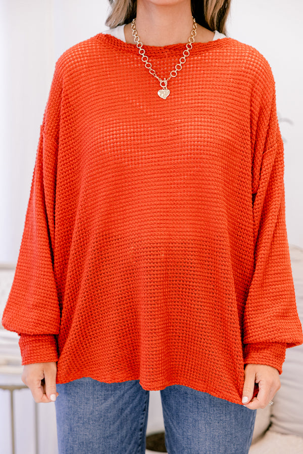 Chic Soul plus size clothing, rust knit long sleeve top with bubble sleeves
