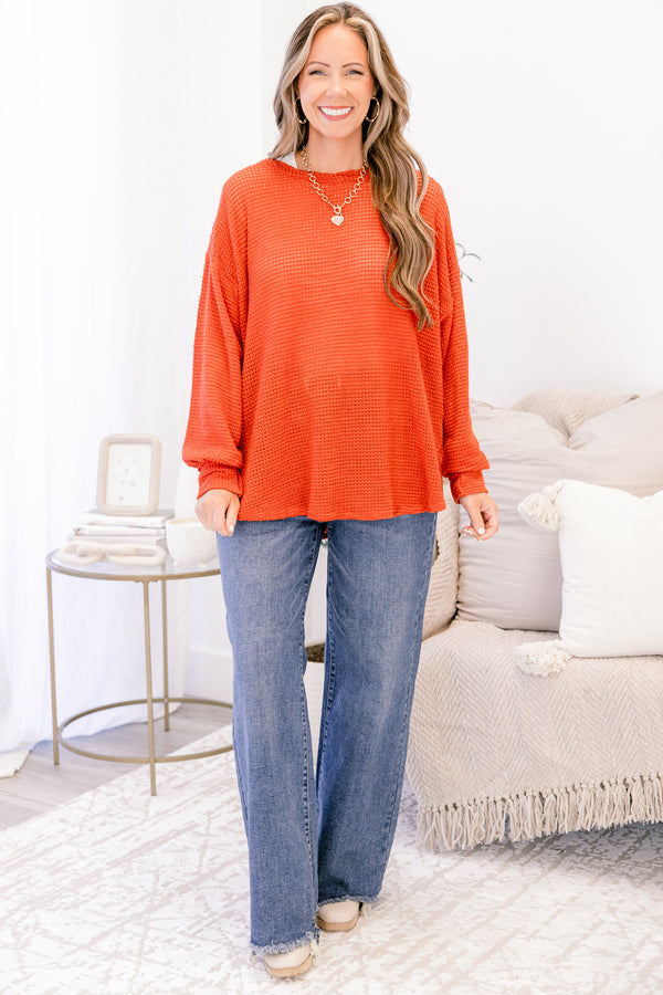Chic Soul plus size clothing, rust knit long sleeve top with bubble sleeves
