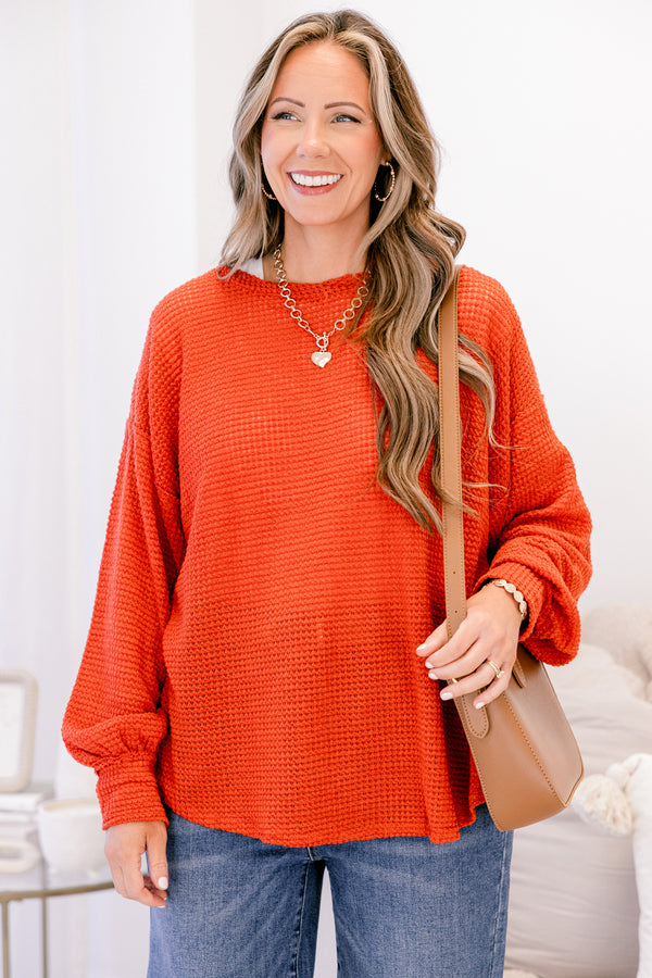 Chic Soul plus size clothing, rust knit long sleeve top with bubble sleeves
