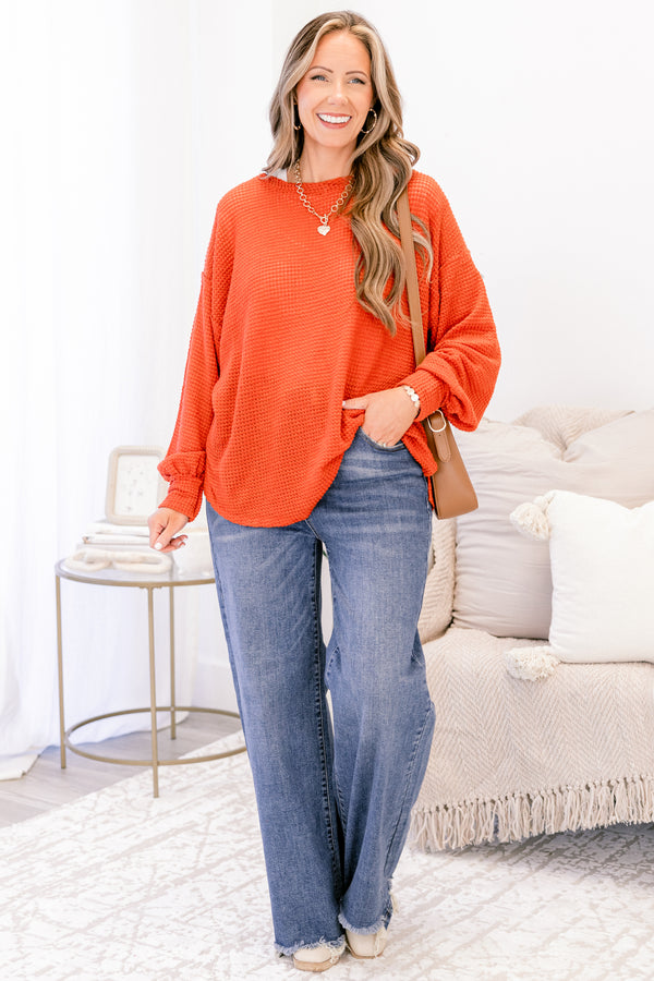 Chic Soul plus size clothing, rust knit long sleeve top with bubble sleeves
