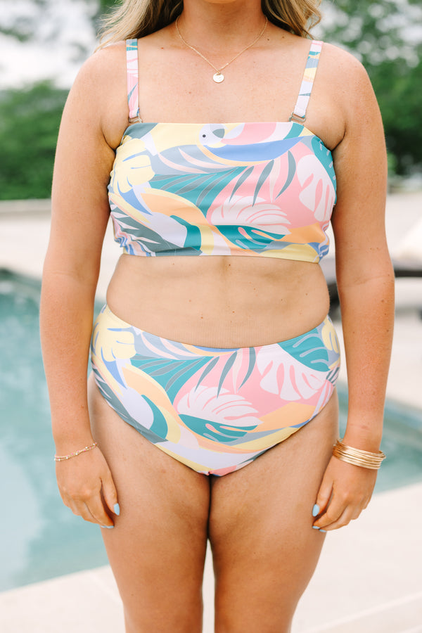 Chic Soul plus size clothing, multi tropical print swim top bandeau style with removable spaghetti straps