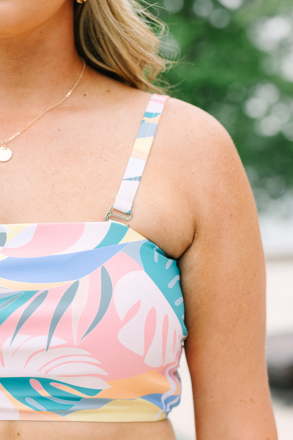 Chic Soul plus size clothing, multi tropical print swim top bandeau style with removable spaghetti straps