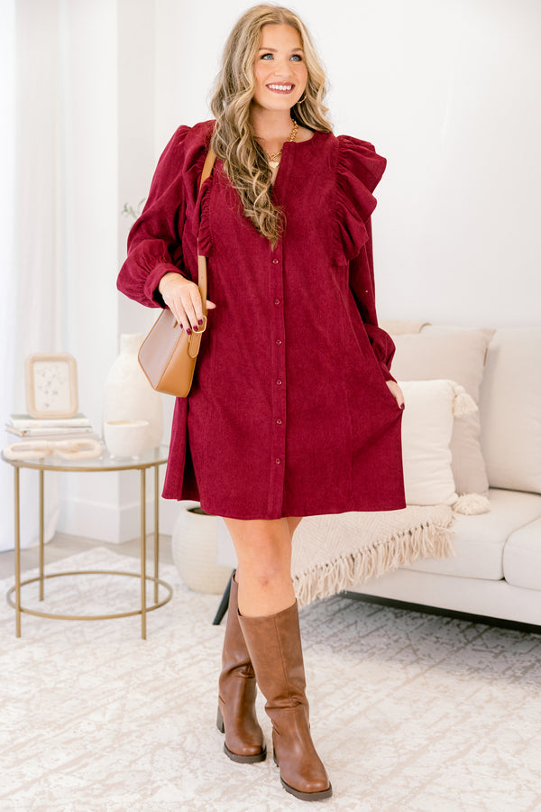 Chic Soul plus size clothing, berry red button down long sleeve dress with ruffle detail on both shoulders