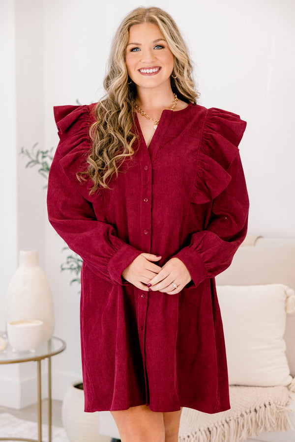 Chic Soul plus size clothing, berry red button down long sleeve dress with ruffle detail on both shoulders