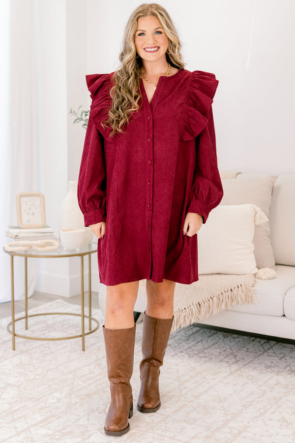 Chic Soul plus size clothing, berry red button down long sleeve dress with ruffle detail on both shoulders