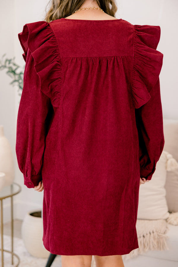 Chic Soul plus size clothing, berry red button down long sleeve dress with ruffle detail on both shoulders