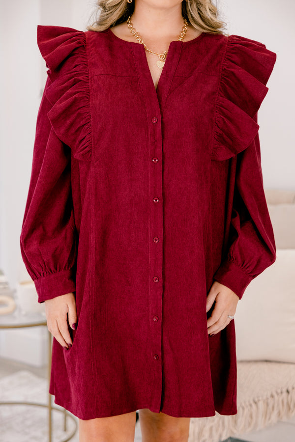 Chic Soul plus size clothing, berry red button down long sleeve dress with ruffle detail on both shoulders