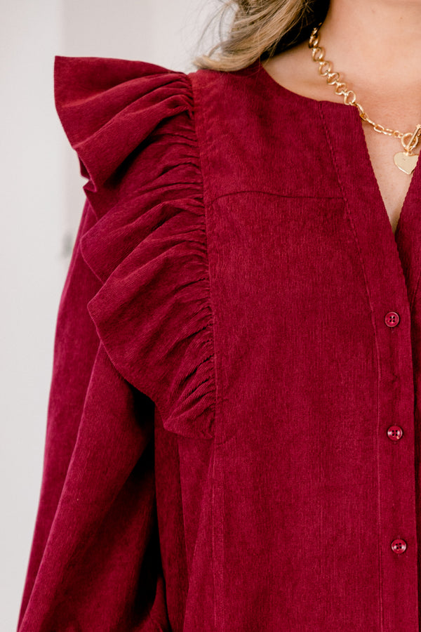 Chic Soul plus size clothing, berry red button down long sleeve dress with ruffle detail on both shoulders