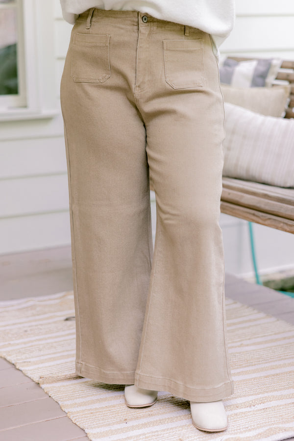 Chic Soul plus size clothing, khaki full length wide leg pants with 2 front sailor pockets