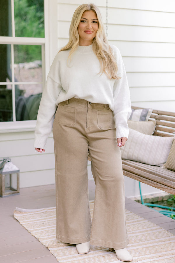 Chic Soul plus size clothing, khaki full length wide leg pants with 2 front sailor pockets