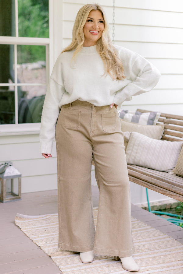 Chic Soul plus size clothing, khaki full length wide leg pants with 2 front sailor pockets