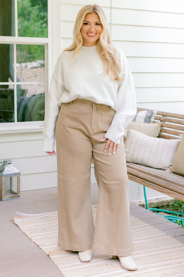 Chic Soul plus size clothing, khaki full length wide leg pants with 2 front sailor pockets