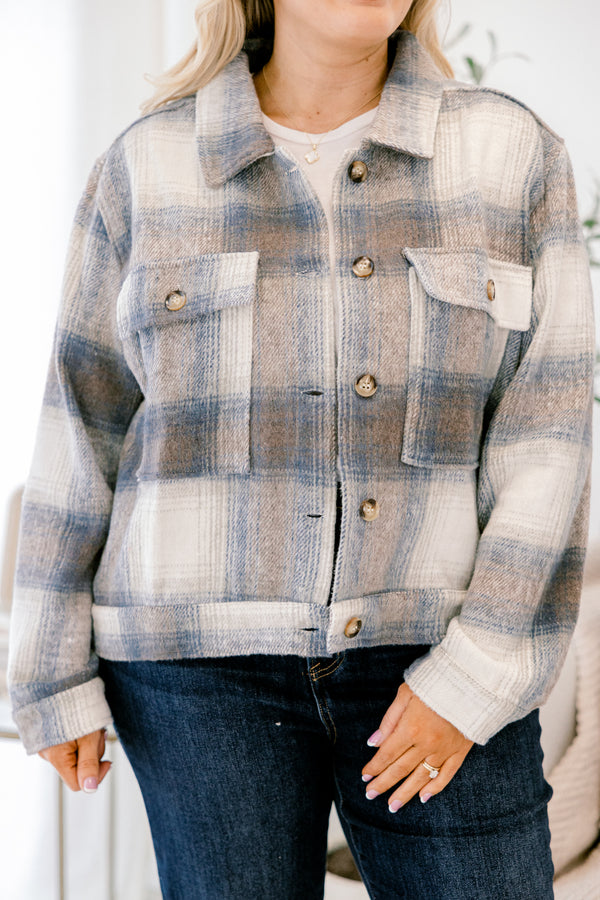 Chic Soul plus size clothing, blue grey and white plaid jacket with four wood buttons collar and two front pockets at the top