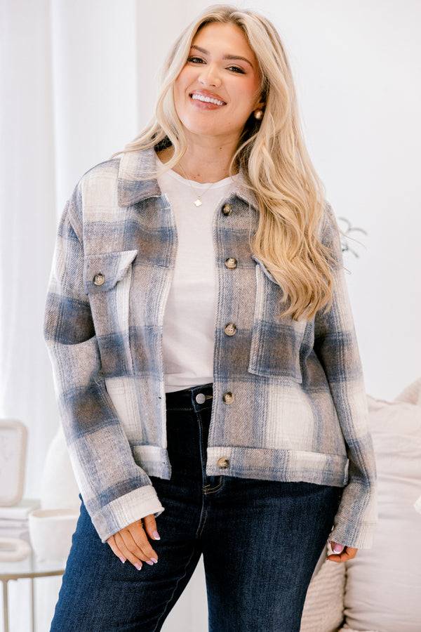 Chic Soul plus size clothing, blue grey and white plaid jacket with four wood buttons collar and two front pockets at the top