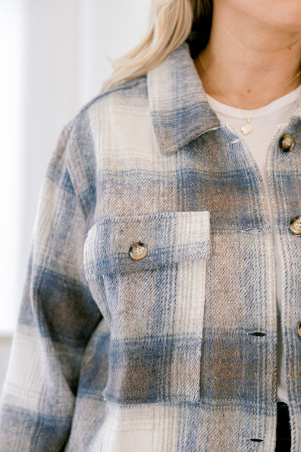 Chic Soul plus size clothing, blue grey and white plaid jacket with four wood buttons collar and two front pockets at the top