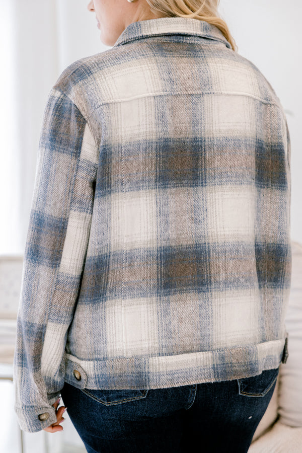 Chic Soul plus size clothing, blue grey and white plaid jacket with four wood buttons collar and two front pockets at the top