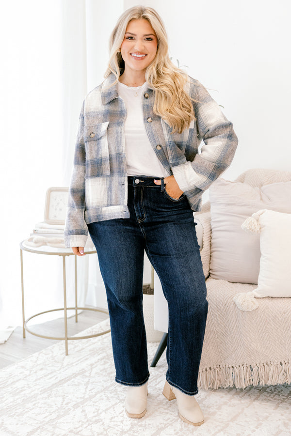 Chic Soul plus size clothing, blue grey and white plaid jacket with four wood buttons collar and two front pockets at the top