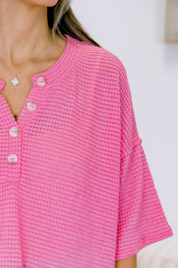 Chic Soul plus size clothing, strawberry pink short sleeve three quarter button up waffle knit top