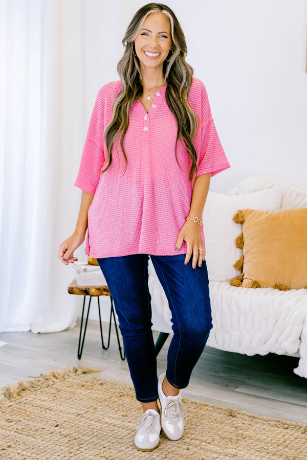 Chic Soul plus size clothing, strawberry pink short sleeve three quarter button up waffle knit top