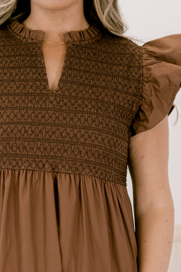 Chic Soul plus size clothing, brown flutter sleeve midi dress with tiered skirt, smocked chest and v-neckline