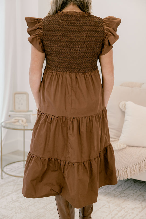 Chic Soul plus size clothing, brown flutter sleeve midi dress with tiered skirt, smocked chest and v-neckline
