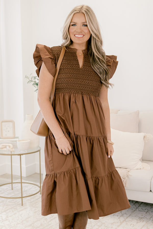 Chic Soul plus size clothing, brown flutter sleeve midi dress with tiered skirt, smocked chest and v-neckline