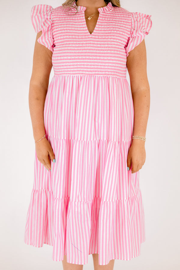 Chic Soul plus size clothing, pink and white pin stripe flutter sleeve tired midi dress with v neck cutout