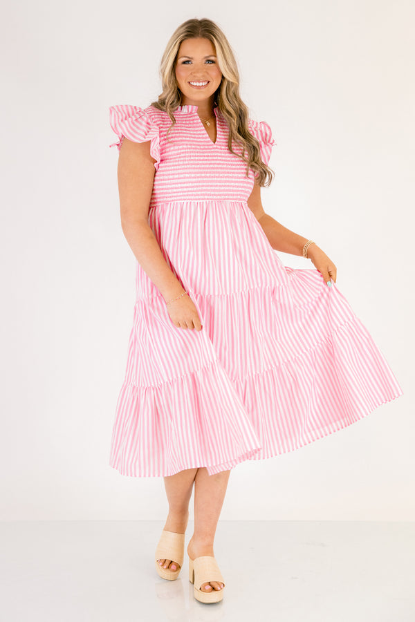 Chic Soul plus size clothing, pink and white pin stripe flutter sleeve tired midi dress with v neck cutout