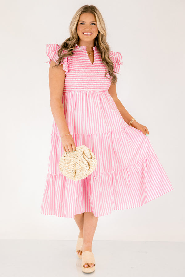 Chic Soul plus size clothing, pink and white pin stripe flutter sleeve tired midi dress with v neck cutout