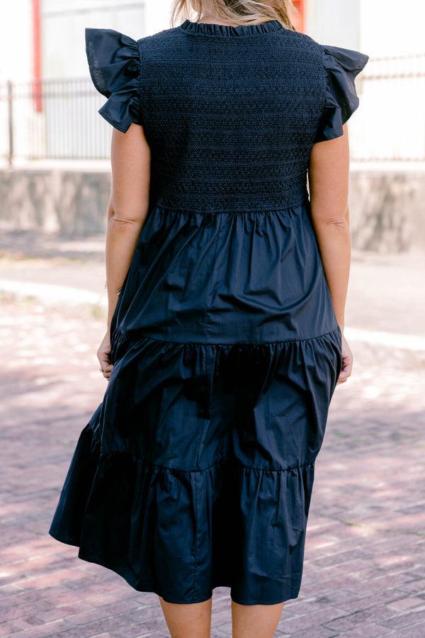 Chic Soul plus size clothing, navy blue flutter short sleeve midi dress with v-neck detail and tiered skirt