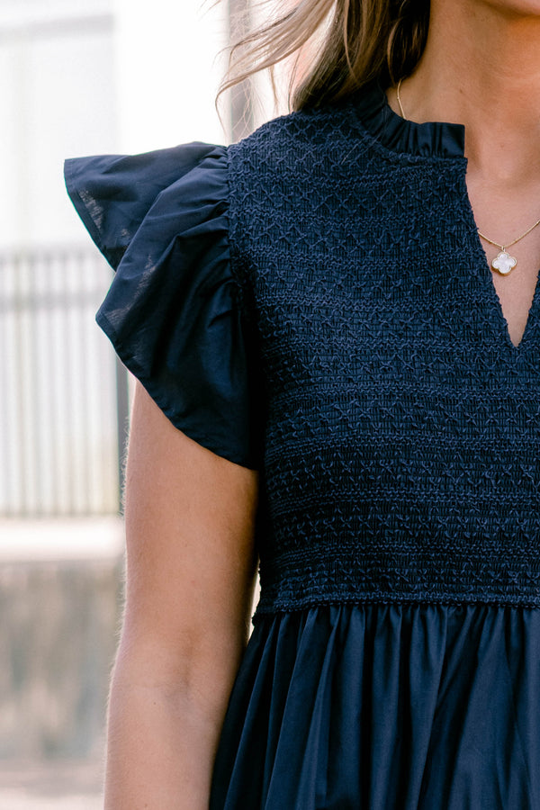 Chic Soul plus size clothing, navy blue flutter short sleeve midi dress with v-neck detail and tiered skirt