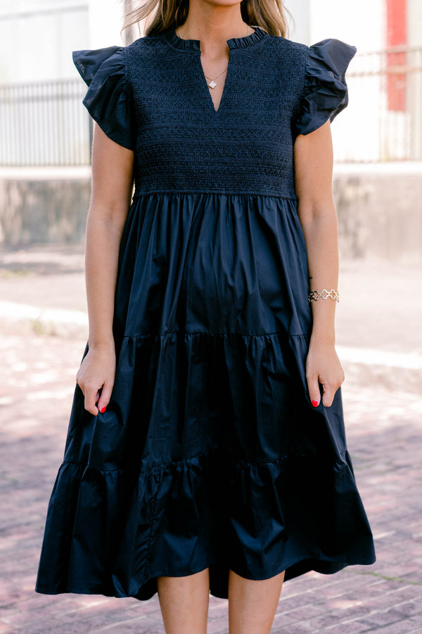 Chic Soul plus size clothing, navy blue flutter short sleeve midi dress with v-neck detail and tiered skirt