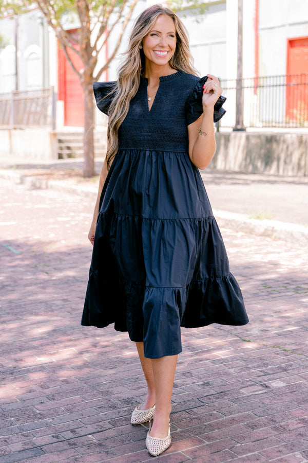 Chic Soul plus size clothing, navy blue flutter short sleeve midi dress with v-neck detail and tiered skirt