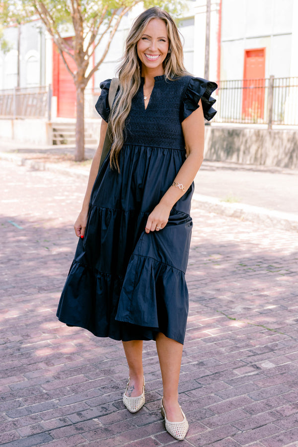 Chic Soul plus size clothing, navy blue flutter short sleeve midi dress with v-neck detail and tiered skirt