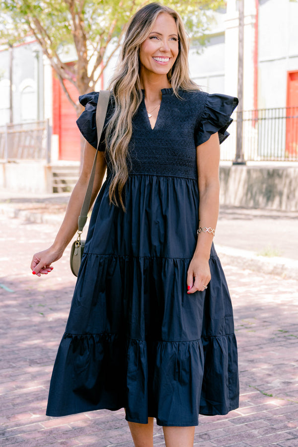 Chic Soul plus size clothing, navy blue flutter short sleeve midi dress with v-neck detail and tiered skirt
