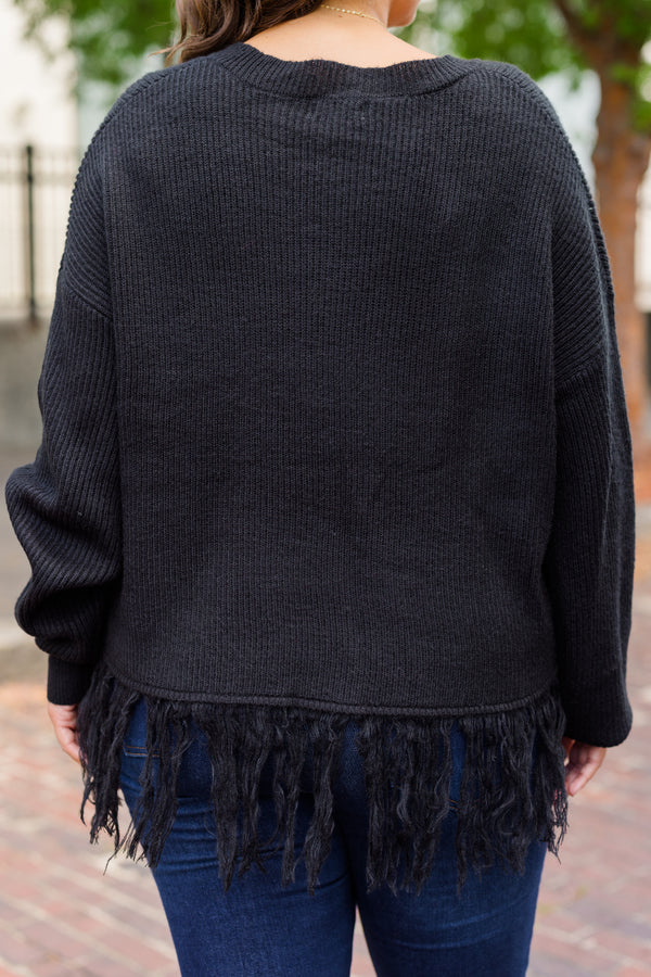 Chic Soul plus size clothing, black long sleeve knit sweater with v neckline and fringe detail along the bottom 