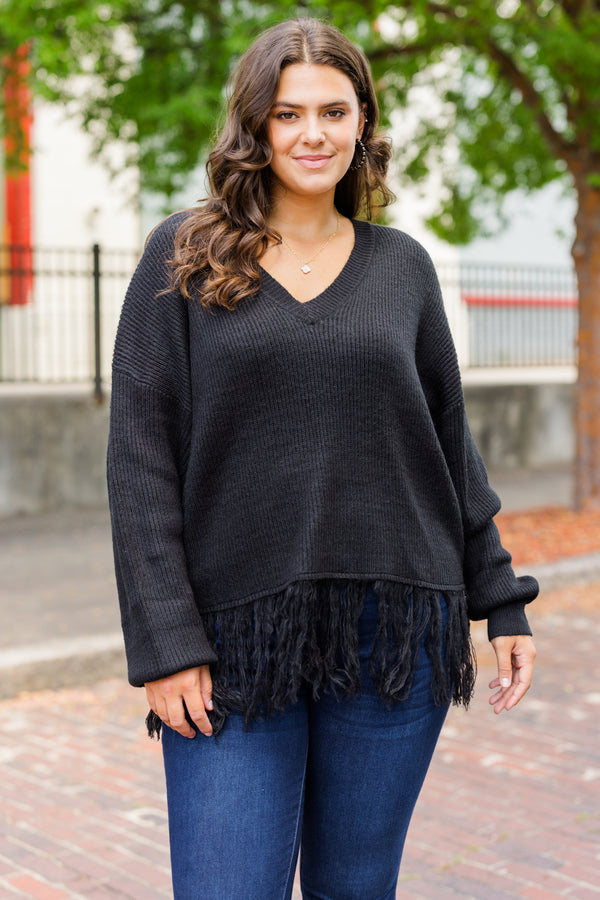 Chic Soul plus size clothing, black long sleeve knit sweater with v neckline and fringe detail along the bottom 